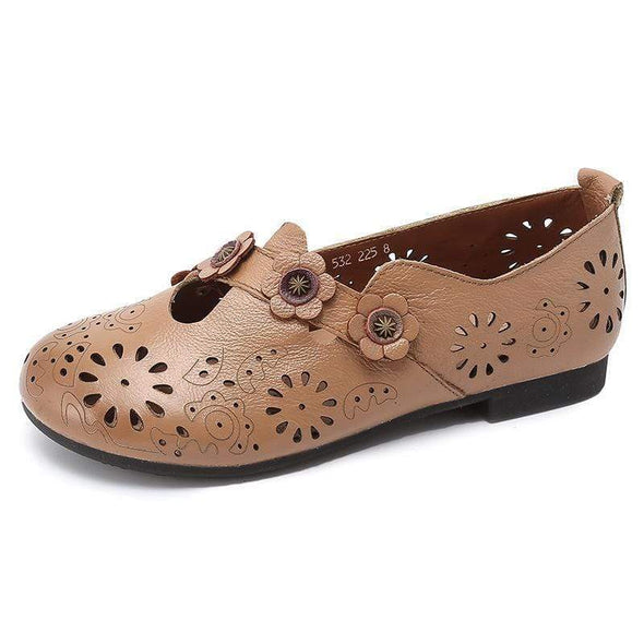 Cow Leather sandals soft bottom hollow work shoes flowers fashion sandals