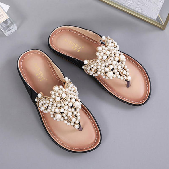 Beaded Flip Flops Comfort Slippers Clip Toe Flat Beach Sandals