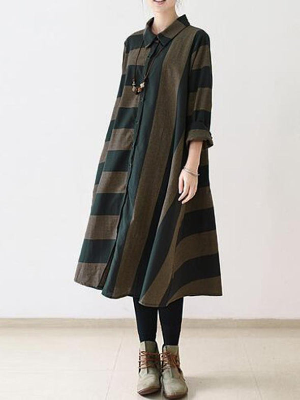 Casual Women Long Sleeve Striped Turndown Collar Shirt Dress