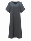 Casual Women Pure Color V-Neck Summer Short Sleeve Loose Dresses