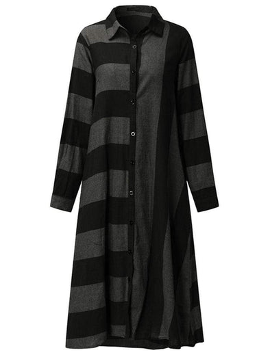 Casual Women Long Sleeve Striped Turndown Collar Shirt Dress