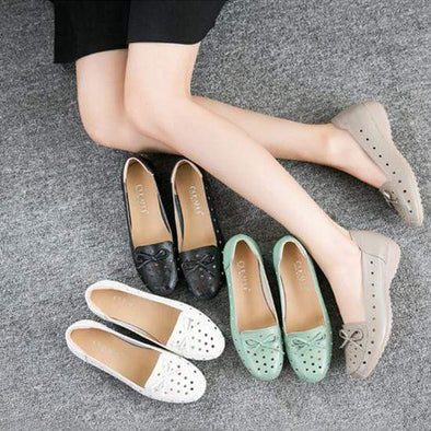 Breathable Genuine Leather Summer Shoes Woman Flat Low Heel Bowknot Hollow Out Leather Slip On  Soft