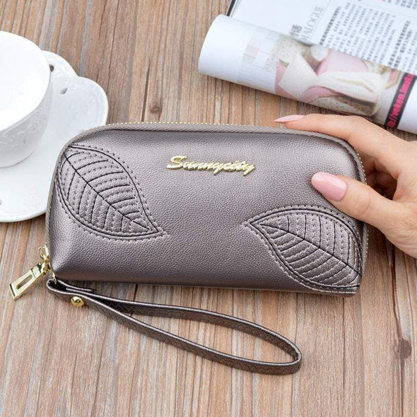 Embroidered Leaves Long Zipper Wallet