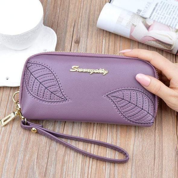 Embroidered Leaves Long Zipper Wallet