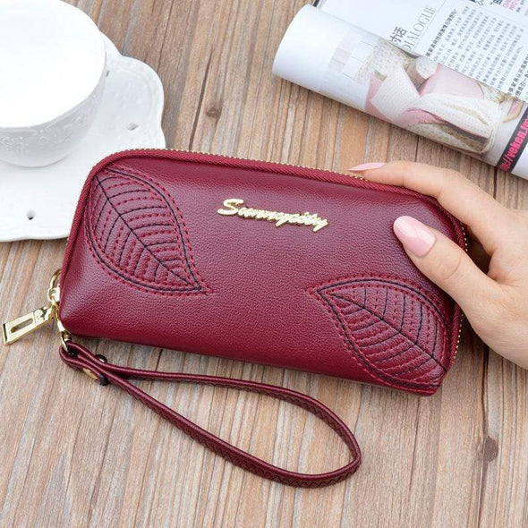 Embroidered Leaves Long Zipper Wallet