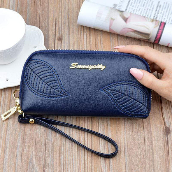 Embroidered Leaves Long Zipper Wallet