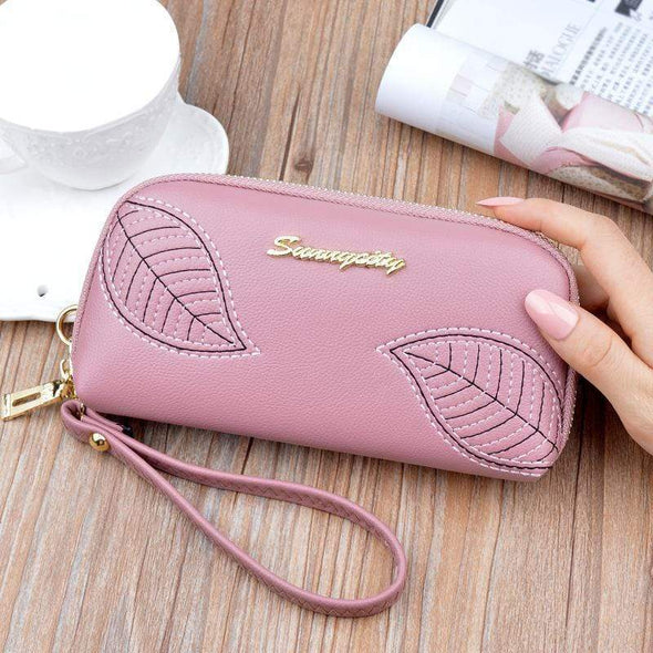 Embroidered Leaves Long Zipper Wallet