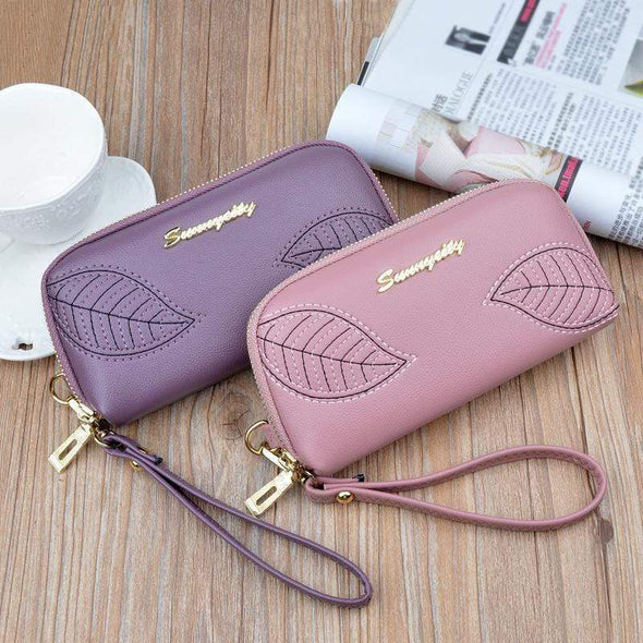 Embroidered Leaves Long Zipper Wallet