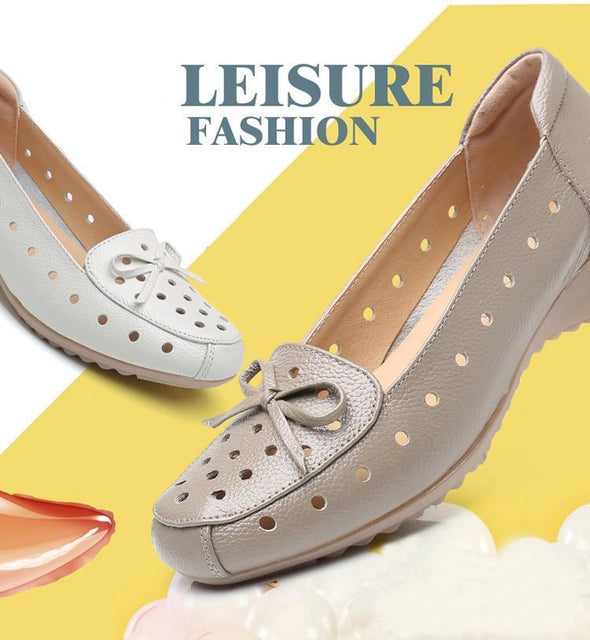 Breathable Genuine Leather Summer Shoes Woman Flat Low Heel Bowknot Hollow Out Leather Slip On  Soft