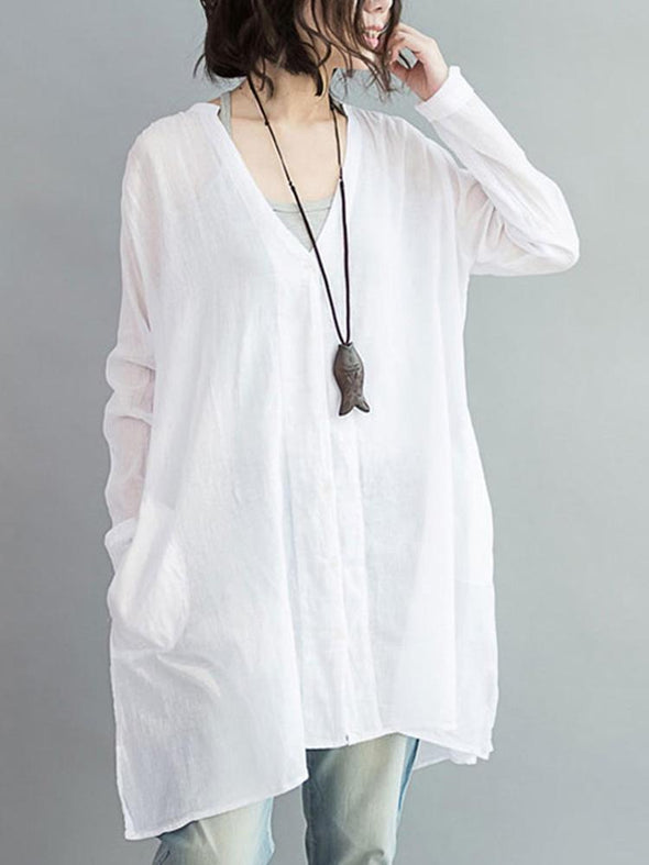 Loose Women Button Solid Cotton Linen Long Sleeve T-shirts