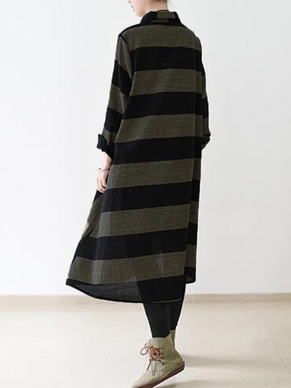 Casual Women Long Sleeve Striped Turndown Collar Shirt Dress