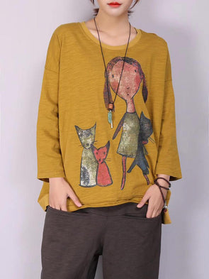 M-5XL Cartoon Cat Print Long Sleeve Loose Casual T-shirts for Women