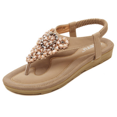 Bohemia Floral Bead Crystal Slip On Elastic Flat Beach Sandals