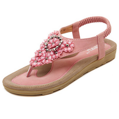 Bohemia Floral Bead Crystal Slip On Elastic Flat Beach Sandals