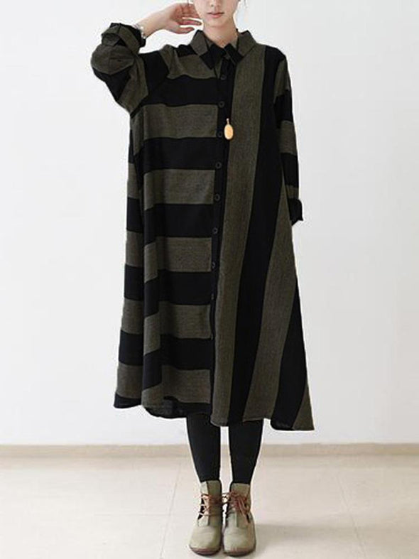 Casual Women Long Sleeve Striped Turndown Collar Shirt Dress